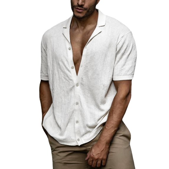 Uwinwear Short Sleeve Button Down Shirts for Men Cuban Collar Tees Hawaiian Fashion Textured Summer Beach Shirt Lightweight Breathable Casual Tops,White,M