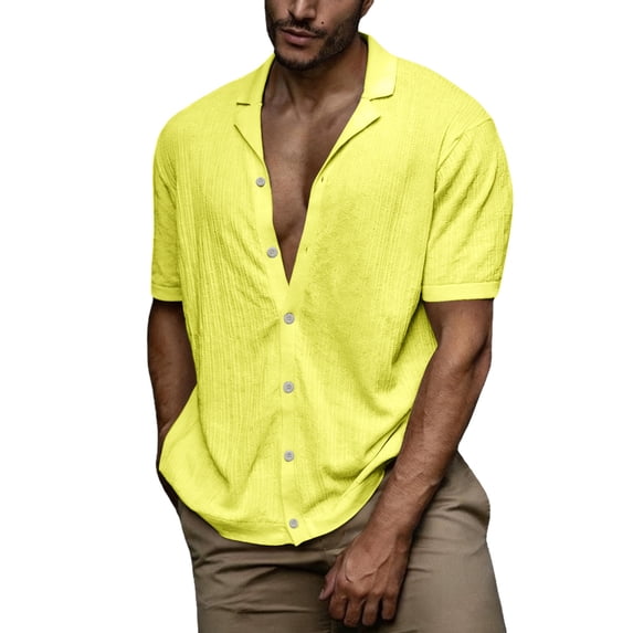 Uwinwear Short Sleeve Button Down Shirts for Men Cuban Collar Tees Hawaiian Fashion Textured Summer Beach Shirt Lightweight Breathable Casual Tops,Yellow,M