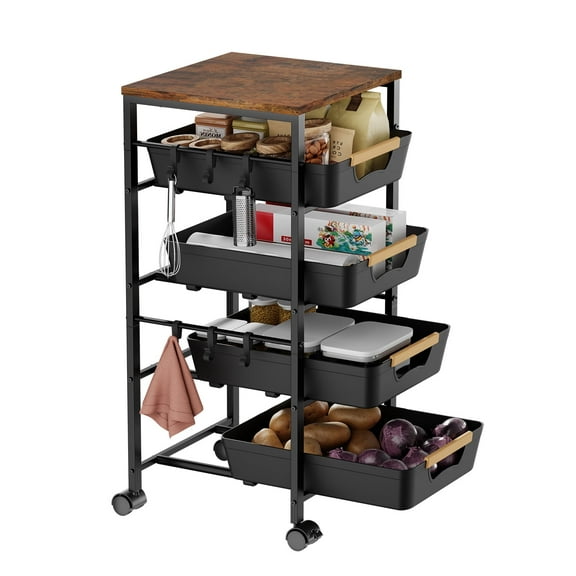 Uwoodia 5-Tier Kitchen Storage Cart, Wood Top Rolling Cart Organizer with Pull-Out Baskets & Wheels, Metal Snack Cart with Holder for Fruit, Vegetable, Microwave, Kitchen, Pantry, Black