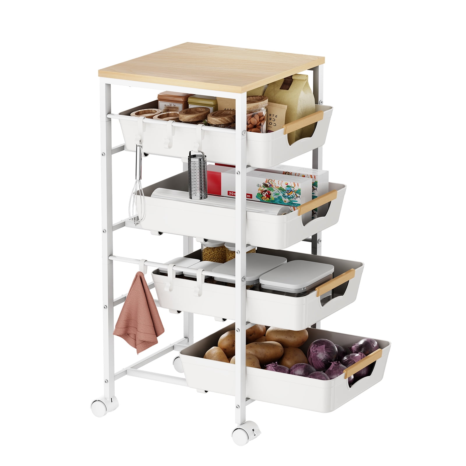 Uwoodia 5-Tier Kitchen Storage Cart, Wood Top Rolling Cart Organizer ...