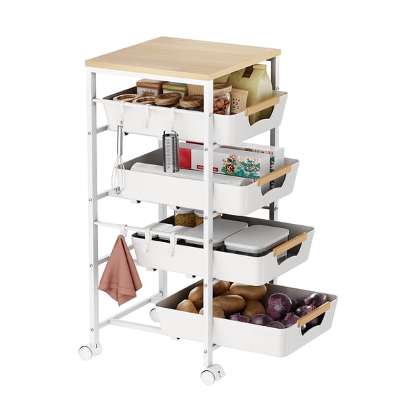 Uwoodia 5-Tier Kitchen Storage Cart, Wood Top Rolling Cart Organizer with Pull-Out Baskets & Wheels, Metal Snack Cart with Holder for Fruit, Vegetable, Microwave, Kitchen, Pantry, White