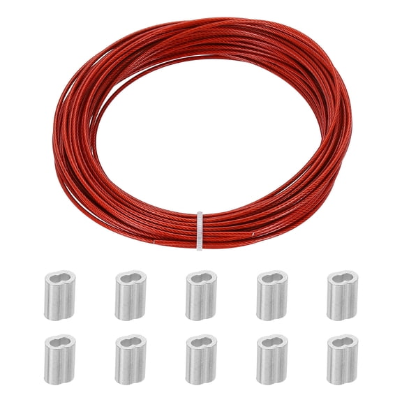 Uxcell 0.06" x 32.8ft Wire Rope, 1SET Stainless Steel Cable with 10 Sleeves, Red