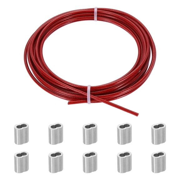Uxcell 0.12" x 16.4ft Wire Rope, 1SET Stainless Steel Cable with 10 Sleeves, Red