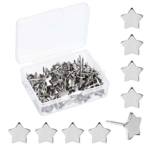 Uxcell 0.5'' x 0.6'' Star Push Pins, 100 Pcs Star Shape Thumb Tacks Cute Decorative Push Pin with Storage Box for Cork Bulletin Boards Photos Wall Maps Office Home Decor, Silver