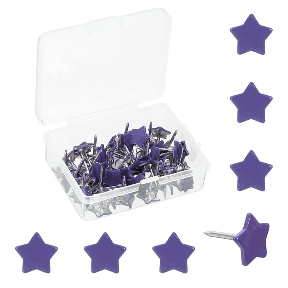 Uxcell 0.5'' x 0.6'' Star Push Pins, 50 Pcs Star Shape Thumb Tacks Cute Decorative Push Pin with Storage Box for Cork Bulletin Boards Photos Wall Maps Office Home Decor, Dark Purple