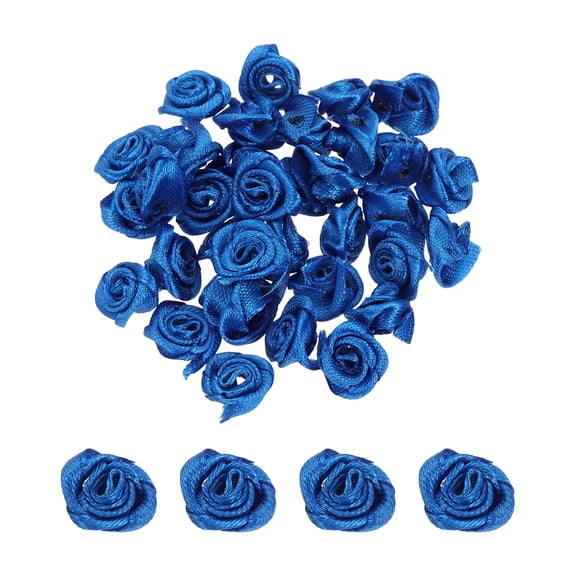 Uxcell 0.6" Roses Flower Satin Ribbon for Crafts, 30 Pack Mini Satin Roses Bows Artificial Fabric Flowers Ornament with Green Leaves for Sewing Wedding Wreath Decor, Cobalt Blue