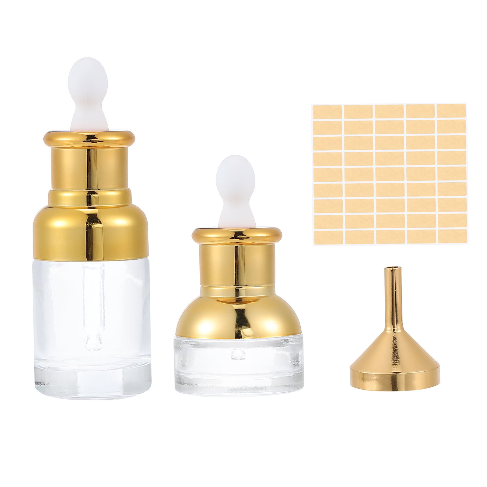 Uxcell 0.7 oz Short/1 oz High Clear Eye Dropper Bottle for Essential Oils, 4 Pack Leakproof Flat Glass Perfumes Bottle with Funnel Labels for Perfumes Bottles for Storage and Travel, Gold