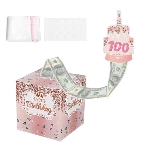 Uxcell 100 Birthday Money Box for Cash Gift, Birthday Money Pull Box with 50Pcs Transparent Bags for Birthday Surprise Card Party Decorations Women Girl Best Friend, Pink