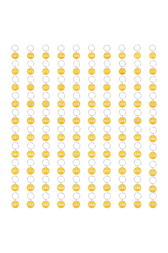 1-100 Number Tags, 100Pcs Round ID Number Key Tags Aluminum Alloy Marking Identification Label with Metal Rings for Luggage Dormitory Keychain Lockers, Yellow