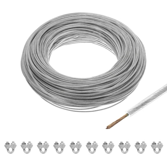 Uxcell 1/16 Clear Vinyl Coated Wire Rope 328ft Galvanized Steel with 10PCS M3 Loop Sleeves