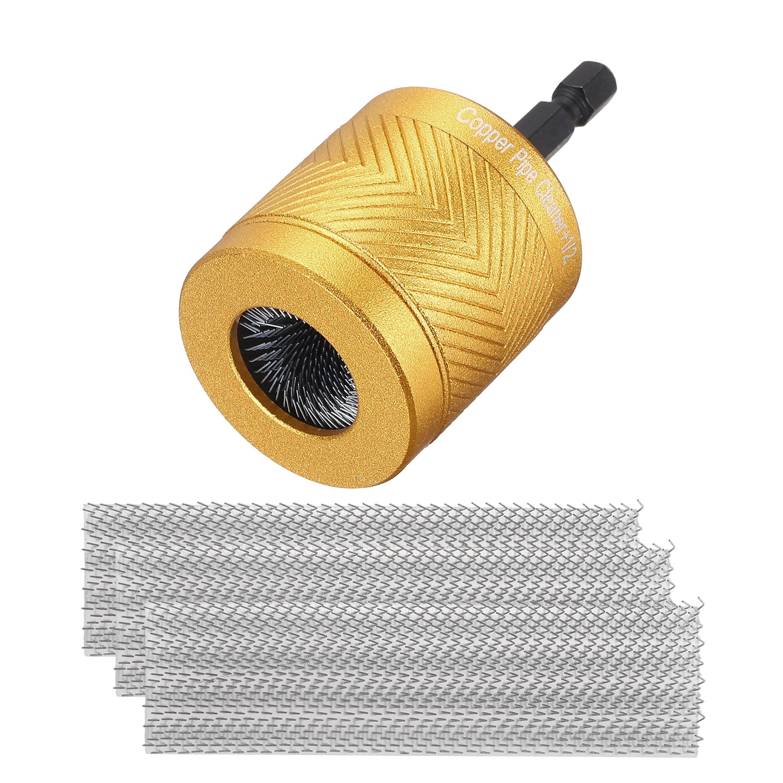 Uxcell 1/2" 1/4" Metal Copper Pipe Cleaner Set, Hex Shank Drill Powered Pipe Brush Replacement Plumbing Tools with 3 Brushes for Removing Dust Rust Copper Various Metal Pipes, Gold