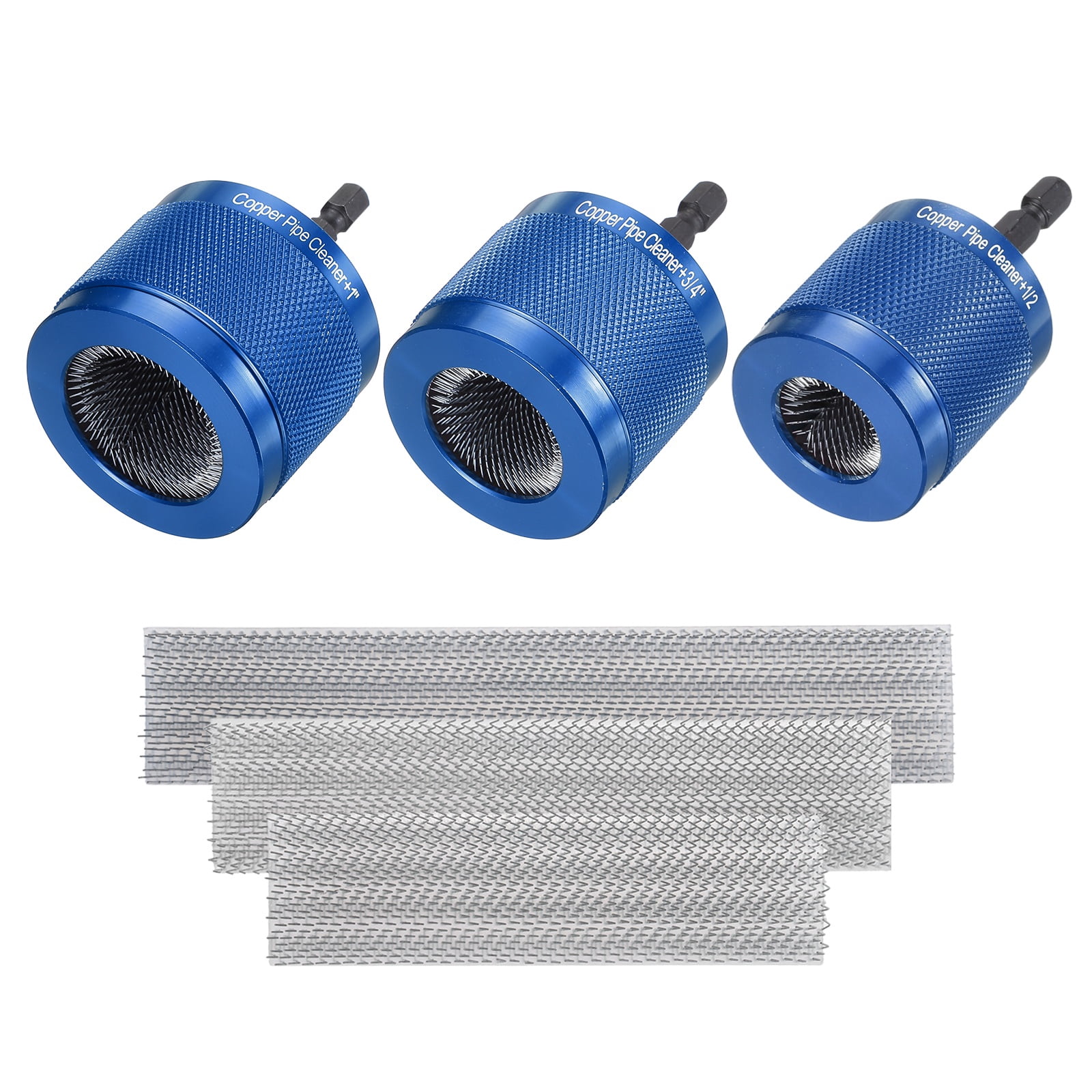 Uxcell 1/2"&3/4"&1" 1/4" Metal Copper Pipe Cleaner Set, Hex Drill Powered Pipe Brush Replacement Plumbing Tools with 3 Brushes for Removing Dust Rust Copper Various Metal Pipes, Blue