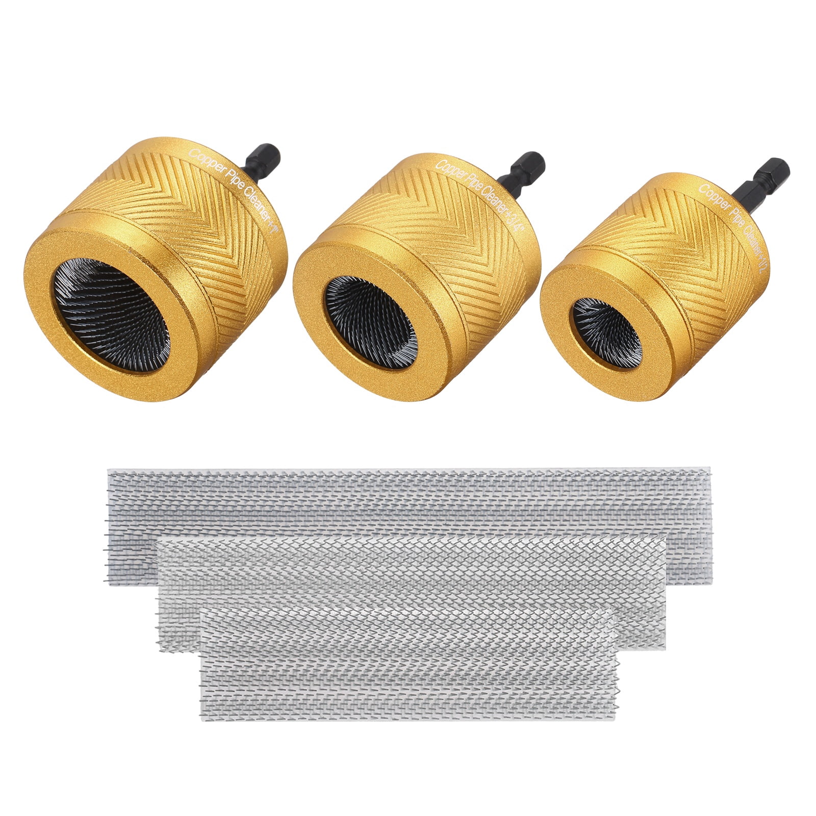 Uxcell 1/2"&3/4"&1" 1/4" Metal Copper Pipe Cleaner Set, Hex Drill Powered Pipe Brush Replacement Plumbing Tools with 3 Brushes for Removing Dust Rust Copper Various Metal Pipes, Gold
