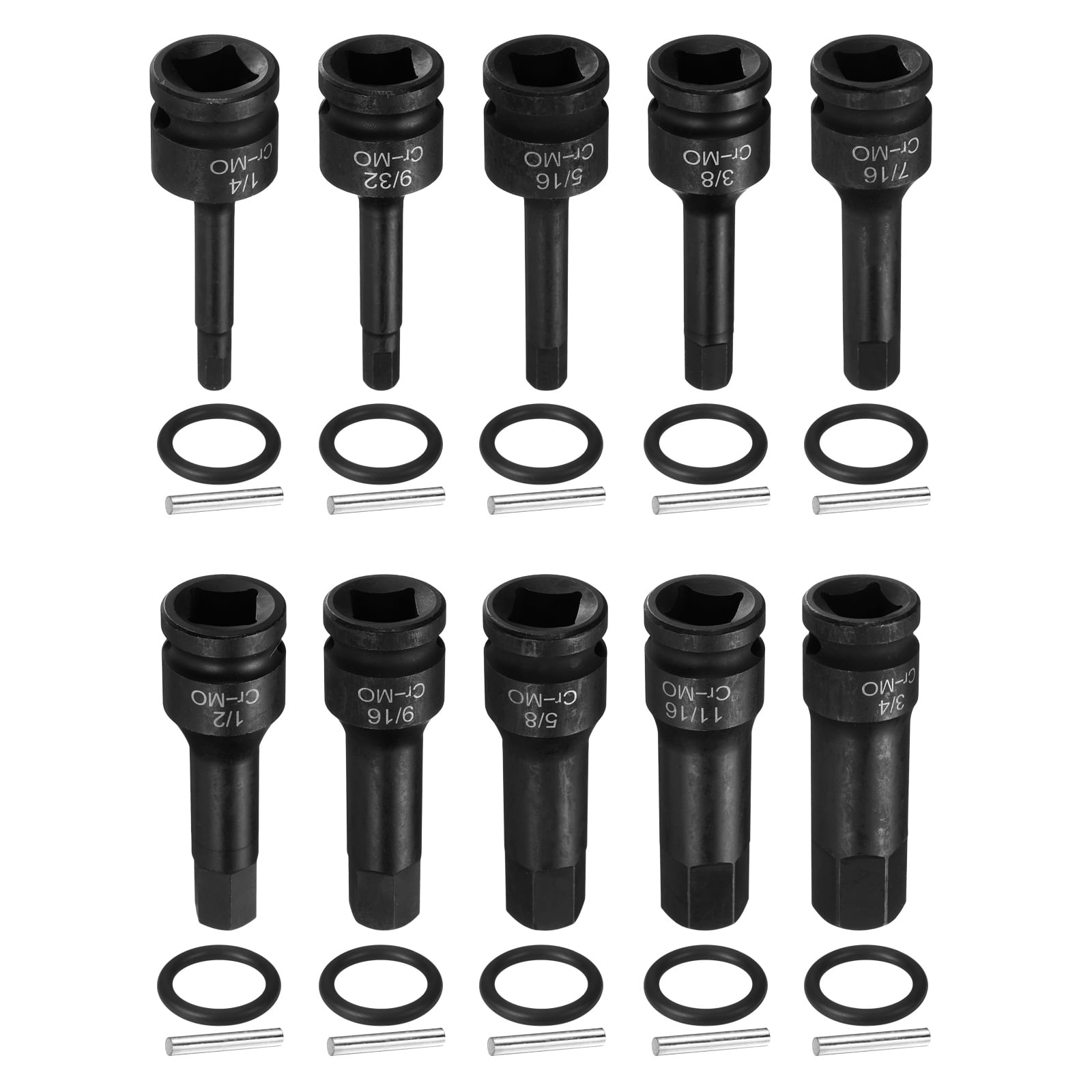 Uxcell 1/2" Drive Impact Hex Bit Socket Set 1/4,9/32,5/16,3/8,7/16,1/2,9/16,5/8,11/16,3/4 Inch SAE CR-MO Steel 6-Point Sockets with Cotter Pin for Power Drill Drivers Adapter