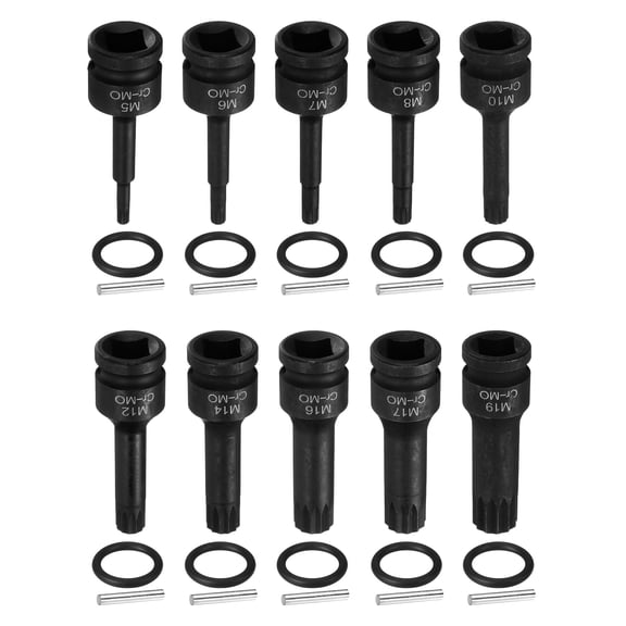 Uxcell 1/2" Drive Triple Square Impact Spline Bit Socket 5/6/7/8/10/12/14/16/17/19mm CR-MO Steel 12-Point Triple Square Sockets with Cotter Pin and O-ring for Power Drill Drivers Adapter
