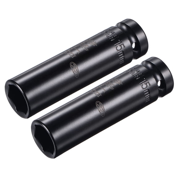 Uxcell 1/2" Drive by 15mm Deep Impact Socket, Heat-Treated CR-V Steel 3.15" Length, 6-Point Metric Sizes 2 Pack