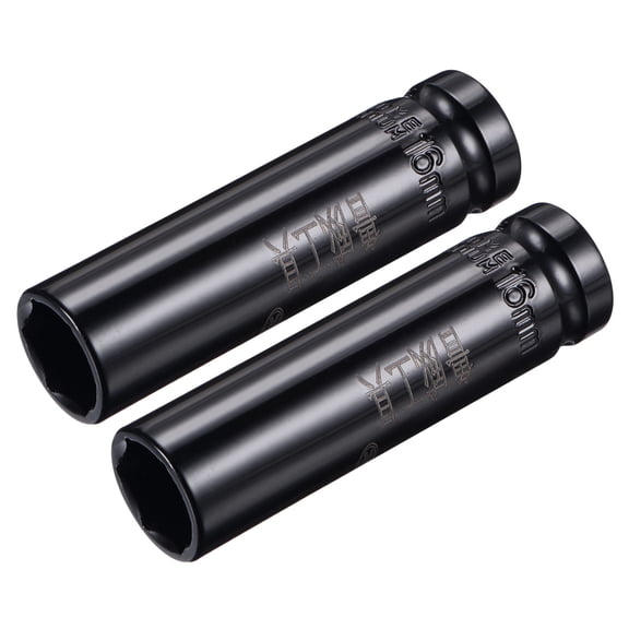 Uxcell 1/2" Drive by 16mm Deep Impact Socket, Heat-Treated CR-V Steel 3.15" Length, 6-Point Metric Sizes 2 Pack