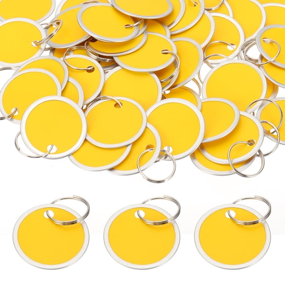 Uxcell 1.2 Inch Metal Rim Key Tags Blank Round Paper Tags for Key Luggage Pet Yellow/Silver 50 Pack