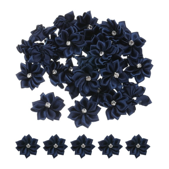 Uxcell 1.2 Inch Small Ribbon Flowers Satin Ribbon Flowers Mini Fabric Flowers Navy Blue 50 Pcs