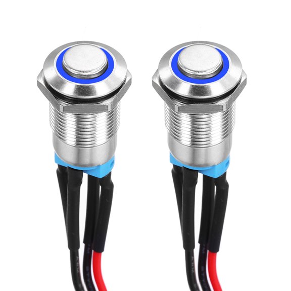 Uxcell 1/2 Inch Stainless Steel Latching Push Button Switch Domed Head 3A 12-24V with Pre-soldered Red LED Ring Light 1NO, 2Pcs
