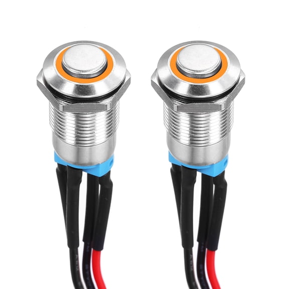 Uxcell 1/2 Inch Stainless Steel Latching Push Button Switch Domed Head 3A 12-24V with Pre-soldered Yellow LED Ring Light 1NO, 2Pcs