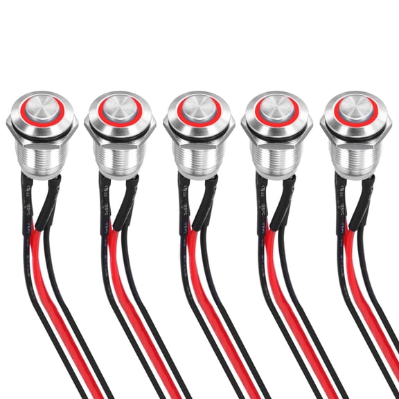 Uxcell 1/2 Inch Stainless Steel Momentary Push Button Switch Domed Head 3A 12-24V with Pre-soldered Red LED Ring Light 1NO, 5Pcs