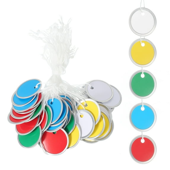 Uxcell Metal Rim Key Tag Blank Paper Tag Bulk Writable Keychain with Knotted Strings Red Green Blue Yellow White