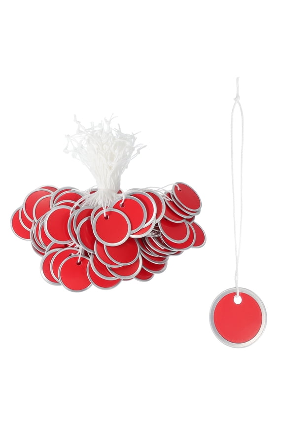 Metal Rim Key Tags Blank Round Paper Tags Bulk Writable Keychain Identifiers with Knotted String Red
