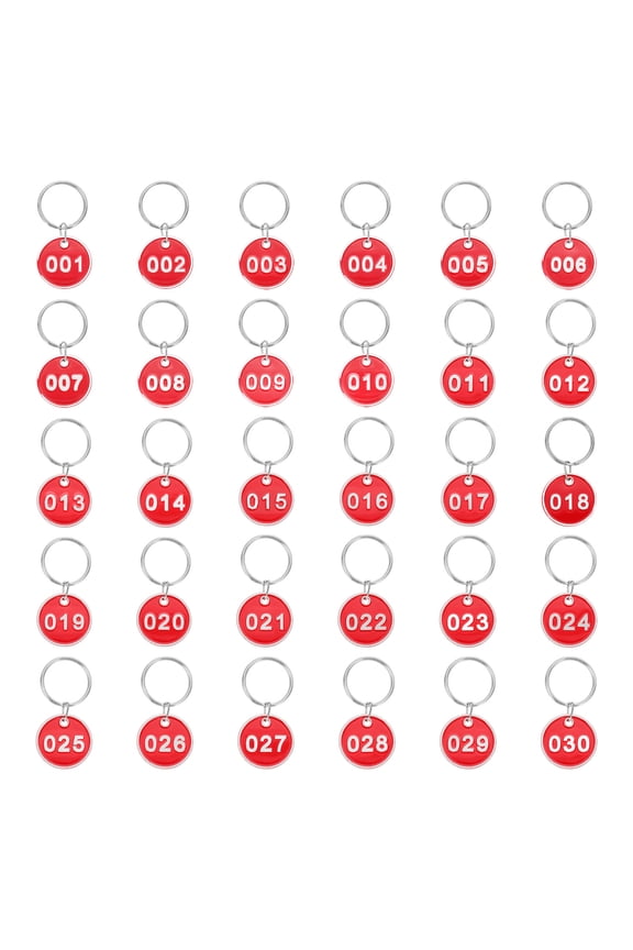 1-30 Number Tags, 30Pcs Round ID Number Key Tags Aluminum Alloy Marking Identification Label with Metal Rings for Luggage Dormitory Keychain Lockers, Red