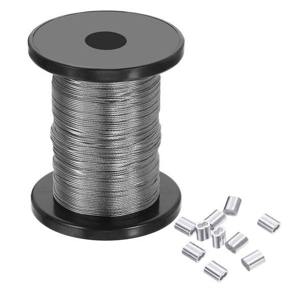 Uxcell 1/32" Wire Rope, 196 ft 304 Stainless Steel Bright Aircraft Cable Wire Rope with 50pcs Crimping Sleeves for Hanging Lights Clotheslines Trellis Wire, Silver