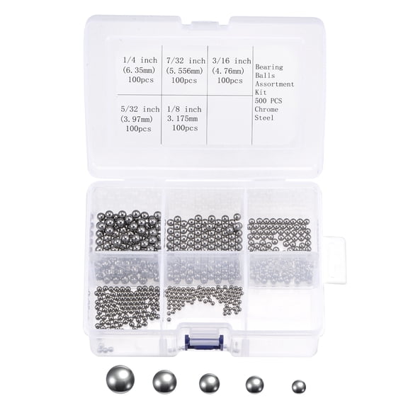 Uxcell 1/4" 7/32" 3/16" 5/32" 1/8" 5 Size Bearing Balls Assortment with Storage Box 500 Pack Chrome Steel