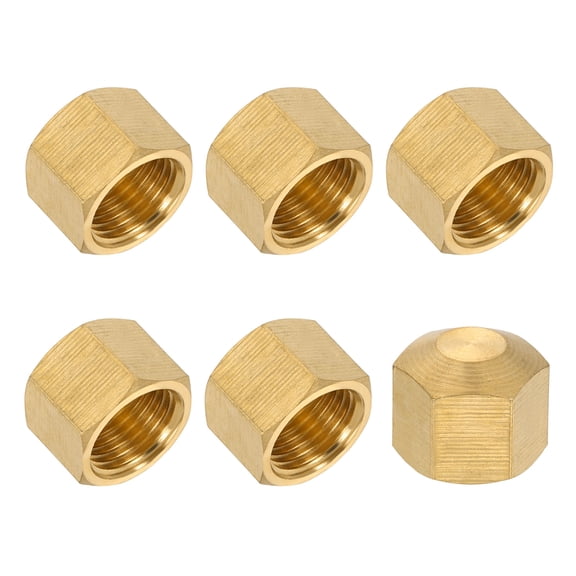 Uxcell 1/4" Brass Compression Cap Stop Valve Cap, 6Pcs Hex Thread Pipe Fitting Tubing Sealing Ends for Air Conditioner Water Air Gas Line, Brass Tone
