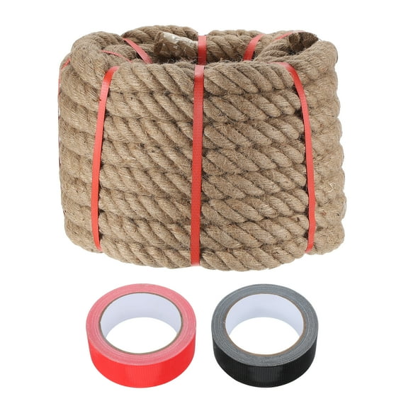 Uxcell 1.4 Inch x 75ft Heavy Natural Jute Rope Thick Twine Rope with 2 Roll Tapes for Crafts Railing Docks Tug of War Swing Nautical Landscaping