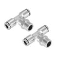 thumbnail image 1 of Uxcell 1/4" OD x 1/4" NPT Thread Male Tee Push To Connect Tube Fittings Nickle-Plated, Silver 2Pcs, 1 of 4