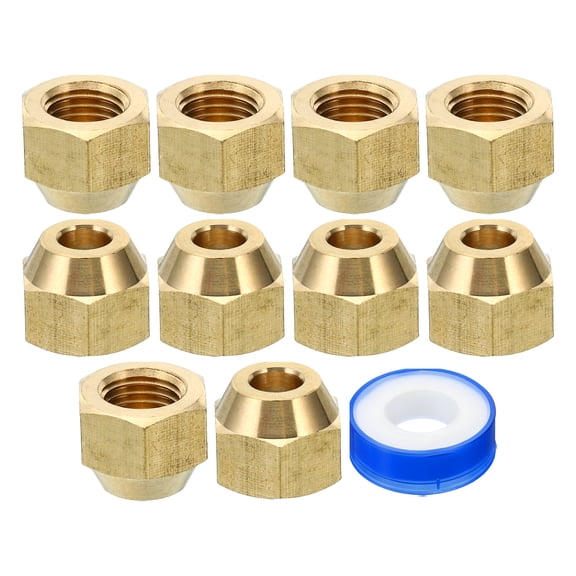 Uxcell 1/4 SAE Brass Flare Nut, 10 Pack 45 Degree Copper Flared Tube Fitting Brass Pipe Fitting Cap with Tape Glossy