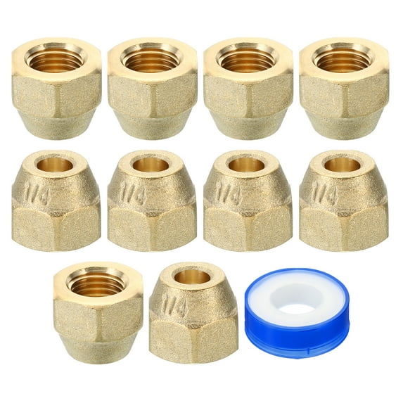 Uxcell 1/4 SAE Brass Flare Nut, 10 Pack 45 Degree Copper Flared Tube Fitting Brass Pipe Fitting Cap with Tape Matte