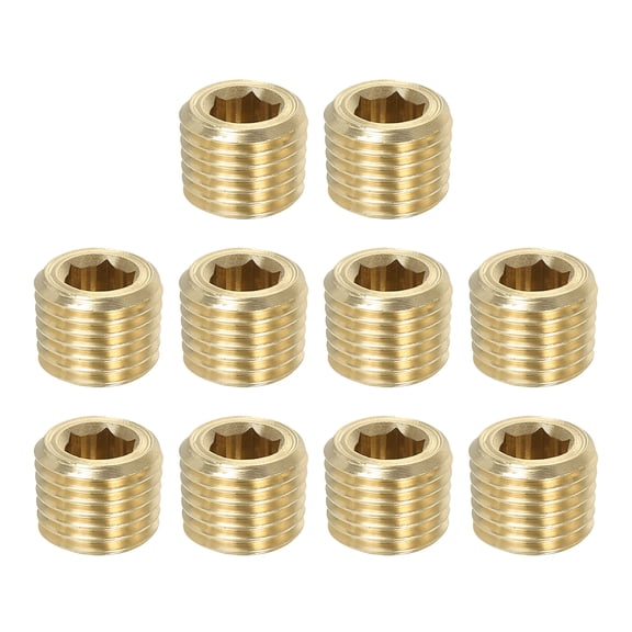 Uxcell 1/4 inch Male NPT Pipe Plug Internal Hex Thread Socket Solid Brass Pipe Plugs 10 Pack