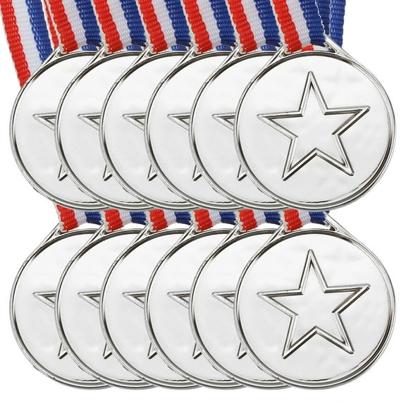 Uxcell 1.5" Mini Plastic Silver Award Medals 2nd Place Prizes with Ribbon for Games Sports 12 Pack