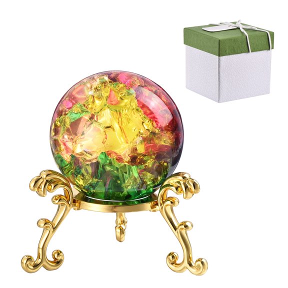 Uxcell 1.57 Inch Round Crystal Sphere with Stand, Crystal Sphere Ice Cracked Decorative Ball Paperweight Gift Box Packaging for Home Ornament Gift Craft Feng Shui Decoration, Multicolor