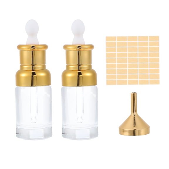 Uxcell 1.7 oz Clear Eye Dropper Bottle for Essential Oils, 2 Pack Leakproof High Flat Glass Perfumes Bottle with Funnel Labels for Perfumes Bottles for Storage and Travel, Gold