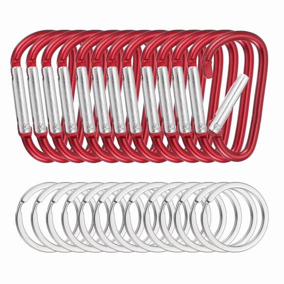 Uxcell 1.8" Aluminum Clasp Clips, 24Pcs D Shape Spring Snap Hook with Key Rings Keychain for Outdoor Camping Traveling Hiking Backpack Accessories, Red