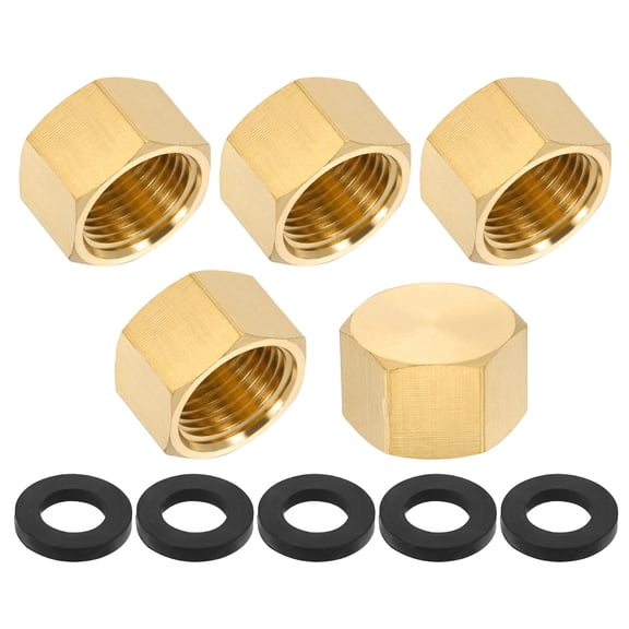 Uxcell 1/8" NPT Female Brass Pipe Fitting Cap Set, 8Pcs Outer Hex Thread Socket Plug Ends Sealing Cap Stop Valve Connector with Rubber Gasket for Faucets Tap Irrigation System