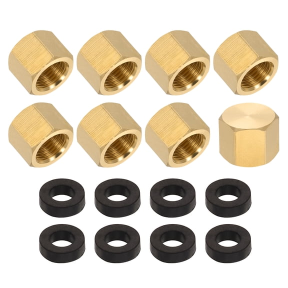 Uxcell 1/8" NPT Female Brass Pipe Fitting Cap Set, 8Pcs Outer Hex Thread Socket Plug Ends Sealing Cap Stop Valve Connector with Rubber Gasket for Faucets Tap Irrigation System