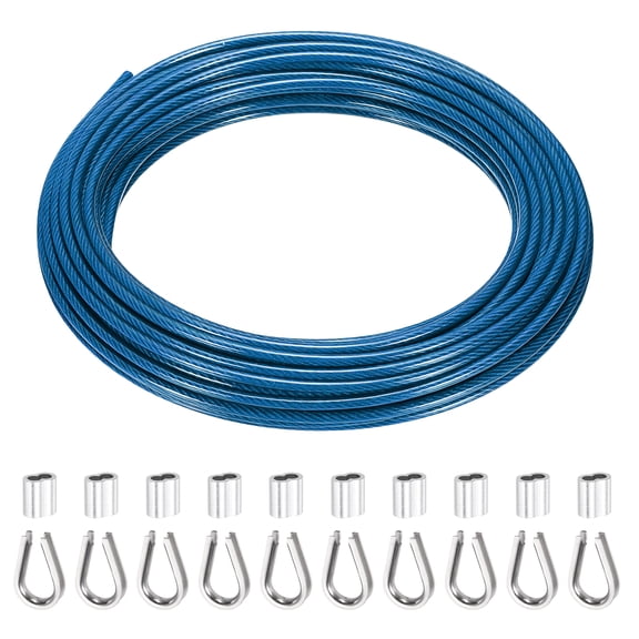 Uxcell 1/8" Wire Rope, 49.2 ft 304 Stainless Steel Wire Cable Vinyl Coated with Crimping Sleeves and Thimble for Hanging Lights Clotheslines Trellis, Blue