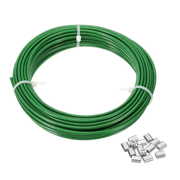 Uxcell 1/8" Wire Rope, 49 ft 304 Stainless Steel Wire Cable Green Vinyl Coated with 14pcs Crimping Sleeves for Hanging Lights Clotheslines Trellis Wire, Green