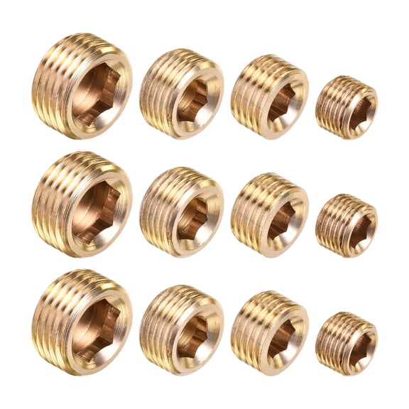 Uxcell 1/8NPT 1/4NPT 3/8NPT 1/2NPT Male Thread Brass Internal Hex Pipe Plug Assortment 3 Set