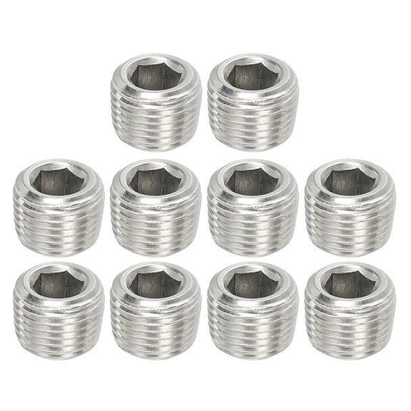 Uxcell 1/8NPT Male Pipe Plug Internal Hex Thread Socket Solid Stainless Steel Pipe Plugs Silver 10 Pcs