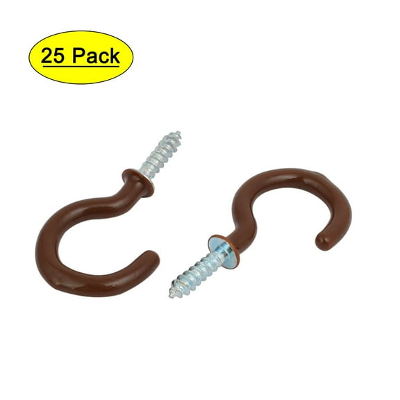 Uxcell 1 Inch Plastic Coated Screw-in Open Cup Ceiling Hooks Hangers Brown 25pcs