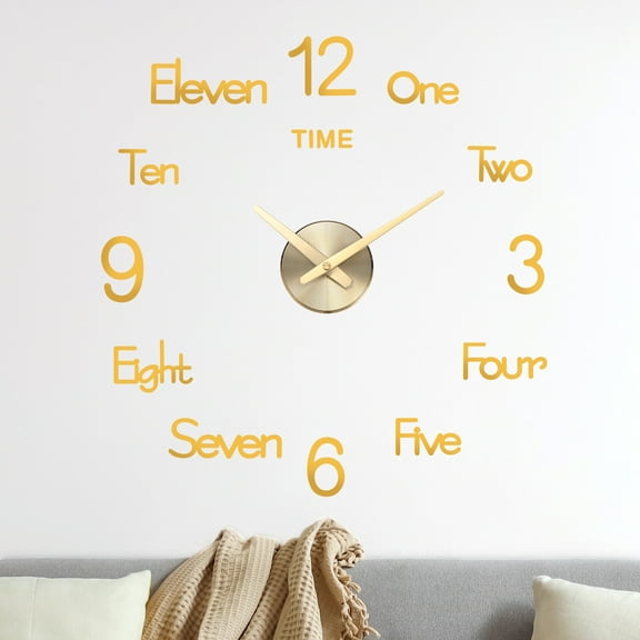 Uxcell 1-Pack 3D DIY Wall Clock,28" Frameless Wall Clock Silent Clock with Numbers Stickers for Home, Gold