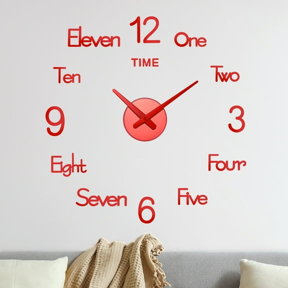 Uxcell 1-Pack 3D DIY Wall Clock,28" Frameless Wall Clock Silent Clock with Numbers Stickers for Home, Red